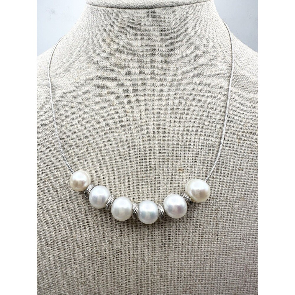 925 Sterling Silver Floating Cultured Pearl Necklace 17”